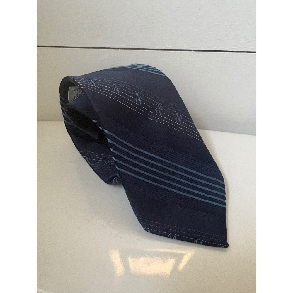 Vintage Boeing Company 737 Navy Blue Striped Aviation Promotional Necktie Mens